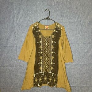 Johnny Was Green olive and Dark Brown Embroidered Tunic